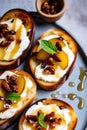 Bruschetta with caramelized pears and cheese, delicious crostini for gourmet breakfast, brunch or lunch Royalty Free Stock Photo