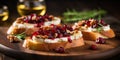 Bruschetta with cheese, cranberries and walnuts on wooden board Generative AI