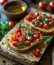Bruschetta with cherry tomatoes salted feta cheese fresh basil and olive oil on wooden board Royalty Free Stock Photo