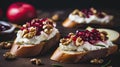 Bruschetta With Cottage Cheese, Pomegranate And Nuts On Wooden Background Generative AI