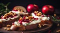 Bruschetta With Cottage Cheese, Pomegranate, Walnuts And Fresh Apples On Wooden Background Generative AI