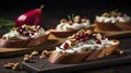 Bruschetta With Cottage Cheese, Pomegranate And Walnuts On Wooden Board Generative AI
