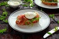 Bruschetta with cream cheese, wilde rucola, parma ham and poached egg served on white plate. Royalty Free Stock Photo