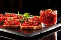 bruschetta with crushed strawberries on a glass table, showing reflection