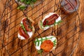 Bruschetta with curd cheese, dried tomatoes and arugula Royalty Free Stock Photo