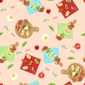 Seamless pattern with cutting boards, sandwiches, eggs, tomatoes on white background.