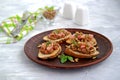 Bruschetta with duck confit pate, apple chutney and caramelized pumpkin seeds Royalty Free Stock Photo
