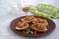 Bruschetta with duck confit pate, apple chutney and caramelized pumpkin seeds Royalty Free Stock Photo