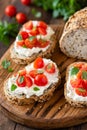 Bruschetta with fresh ricotta cheese and cherry tomatoes Royalty Free Stock Photo