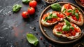 Bruschetta with fresh ricotta cheese and cherry tomatoes on wooden board decorated with basil leaves. Closeup view Royalty Free Stock Photo