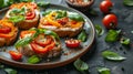 Bruschetta with fresh ricotta cheese and cherry tomatoes on wooden board decorated with basil leaves. Closeup view Royalty Free Stock Photo