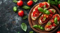 Bruschetta with fresh ricotta cheese and cherry tomatoes on wooden board decorated with basil leaves. Closeup view Royalty Free Stock Photo