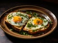 bruschetta with fried egg in the dark and parsley on a black background