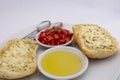 Bruschetta with garlic topping, tomato, mozarella and olive oil. Royalty Free Stock Photo