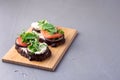 Bruschetta with Grilled Eggplant Tomatoes Cottage Cheese and Fresh Aromatic Herbs on a Wooden Tray Delicious Mediterranean Royalty Free Stock Photo