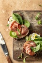 Bruschetta with ham or prosciutto, cream cheese, cucumber, spinach and microgreens. Tasty sandwich or toasted bread on Royalty Free Stock Photo