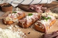 Bruschetta: homemade sheep`s cheese, bacon, sauerkraut, garlic, homemade bread, herbs and spices. Italian food Royalty Free Stock Photo