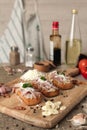 Bruschetta: homemade sheep`s cheese, bacon, sauerkraut, garlic, homemade bread, herbs and spices. Italian food Royalty Free Stock Photo