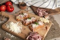 Bruschetta: homemade sheep`s cheese, bacon, sauerkraut, garlic, homemade bread, herbs and spices. Italian food Royalty Free Stock Photo