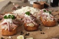 Bruschetta: homemade sheep`s cheese, bacon, sauerkraut, garlic, homemade bread, herbs and spices. Italian food Royalty Free Stock Photo