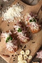 Bruschetta: homemade sheep`s cheese, bacon, sauerkraut, garlic, homemade bread, herbs and spices. Italian food Royalty Free Stock Photo