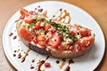 Bruschetta italian appetizer food, Crusty toasting bread with fresh tomato.