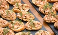 Bruschetta with meat salad and dill on a slate tray Royalty Free Stock Photo