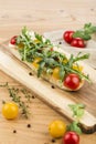 Bruschetta with mozzarella, cherry tomatoes and arugula with olive oil on a board on a light wooden background Royalty Free Stock Photo