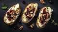 Bruschetta with pear, apple, cranberry and walnuts on black background Generative AI