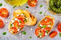 Bruschetta with pesto sauce, feta cheese, tomatoes and basil Royalty Free Stock Photo