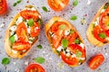 Bruschetta with pesto sauce, feta cheese, tomatoes and basil Royalty Free Stock Photo