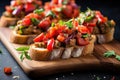 bruschetta pieces topped with spicy vegan sausage and peppers