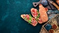 Bruschetta with prosciutto, fresh figs and cheese. On the old background. Healthy food. Free space for text. Royalty Free Stock Photo