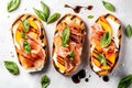 Bruschetta with prosciutto, grilled peaches, robiola cheese, balsamic sauce and basil. Traditional Italian appetizer. Parma ham