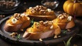 Bruschetta with pumpkin, cheese and walnuts on wooden board Generative AI