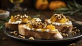 Bruschetta with pumpkin, walnuts and cheese on wooden background Generative AI