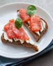 Bruschetta with red fish and cream cheese with black bread on white plate Royalty Free Stock Photo