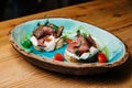 Bruschetta with roast beef. Royalty Free Stock Photo