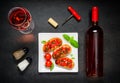 Bruschetta with Rose Wine Glass and Bottle Royalty Free Stock Photo