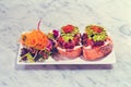 Bruschetta salmon with avocado, side of salad