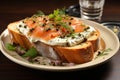 Bruschetta with salmon. Breakfast toast with cream cheese, salmon, capers and greens on a plate, macro close-up. Keto