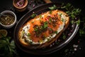 Bruschetta with salmon. Breakfast toast with cream cheese, salmon, capers and greens on a plate, macro close-up. Keto