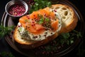 Bruschetta with salmon. Breakfast toast with cream cheese, salmon, capers and greens on a plate, macro close-up. Keto