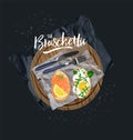 Bruschetta with salmon and bruschetta with egg. Vector graphics