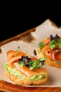 Bruschetta with salmon closeup. tapas with salmon on guacamole and topped microgreen on wooden board and black