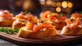 Bruschetta with salmon, cream cheese and herbs on wooden board