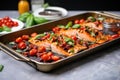 bruschetta salmon on a metal serving tray