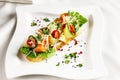 Bruschetta with salmon red fish, fresh vegetables and herbs Royalty Free Stock Photo