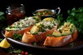 Bruschetta or sandwiches with avocado and wheat baked bread on a plate