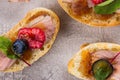 Bruschetta sandwiches with duck meat and berries Royalty Free Stock Photo